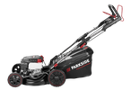 Black and red lawnmower with a grass collection bag, angled view.
