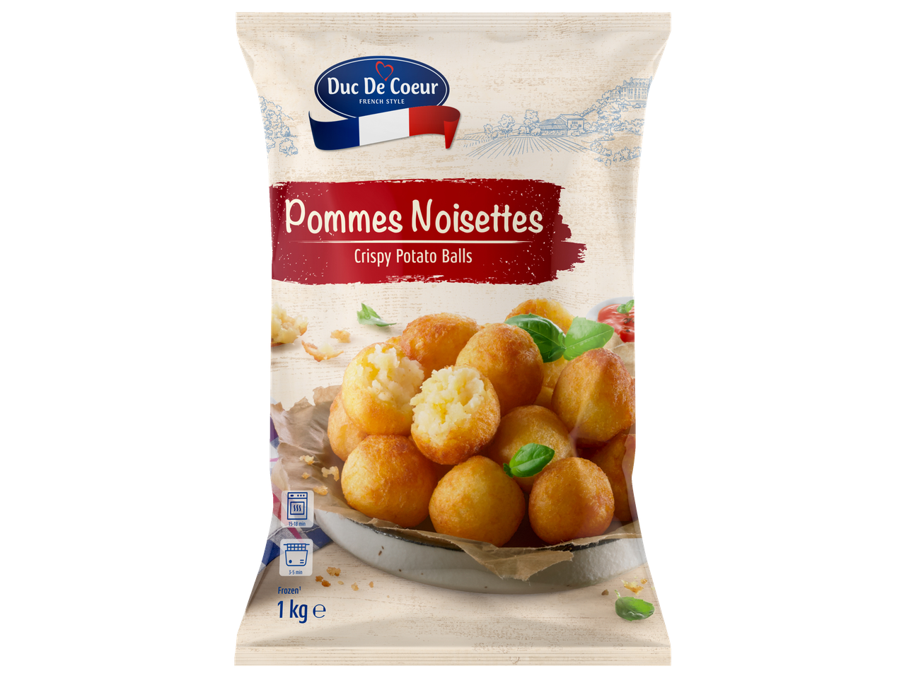 Frozen crispy potato balls in a bag, with cooking instructions and weight.