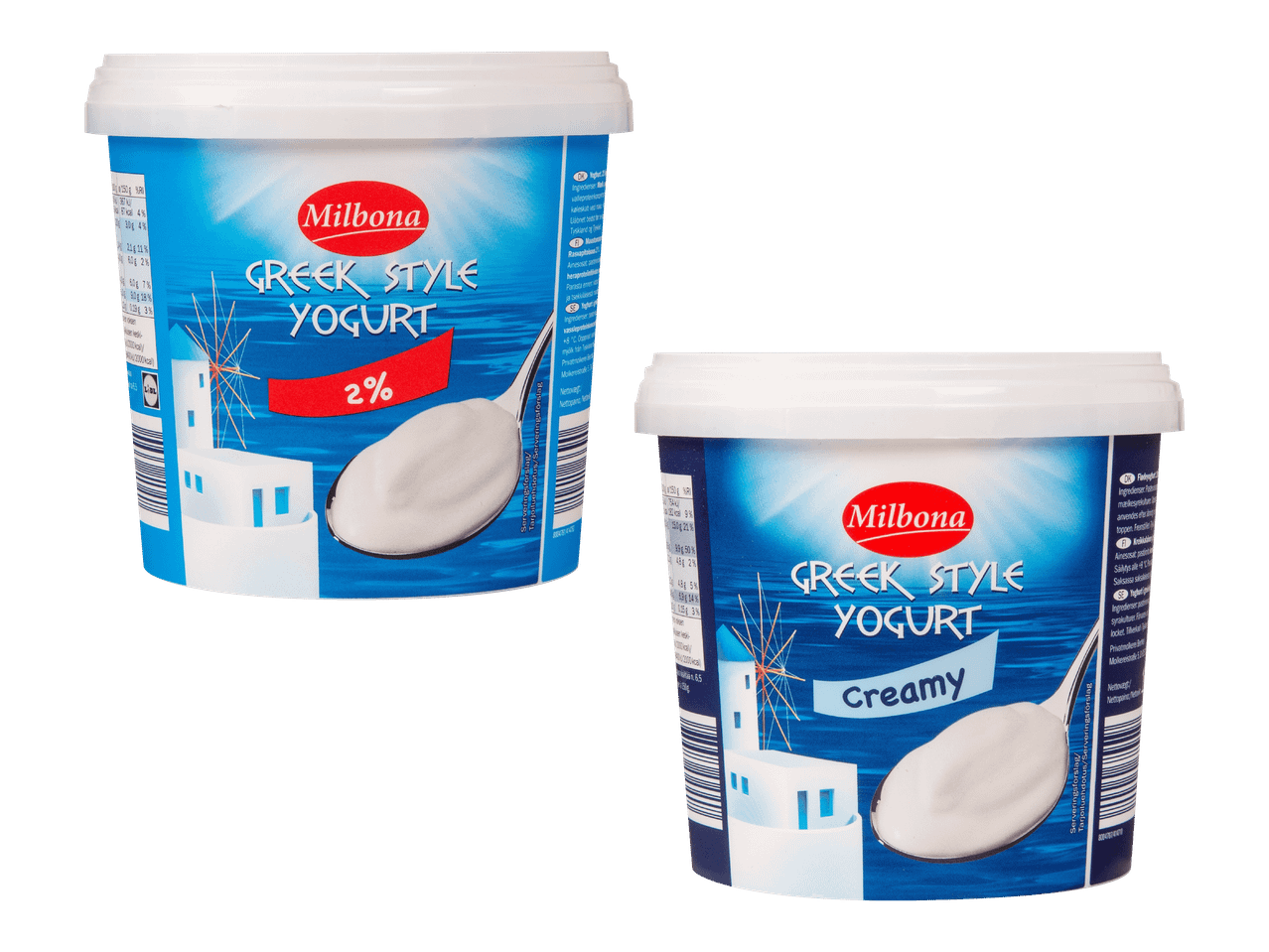 Kaksi kreikkalaistyylistä jogurttipurkkia, joista toinen on 2 % ja toinen Creamy.