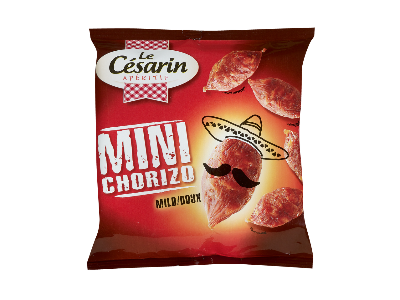 Sachet de mini-chorizo Le Césarin, doux, avec un graphique de sombrero et moustache.