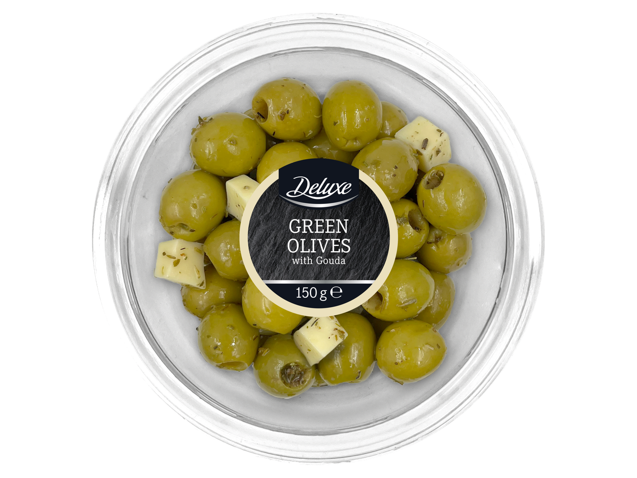 Deluxe Azeitonas Premium: zaļās olīvas ar Goudas sieru caurspīdīgā iepakojumā.