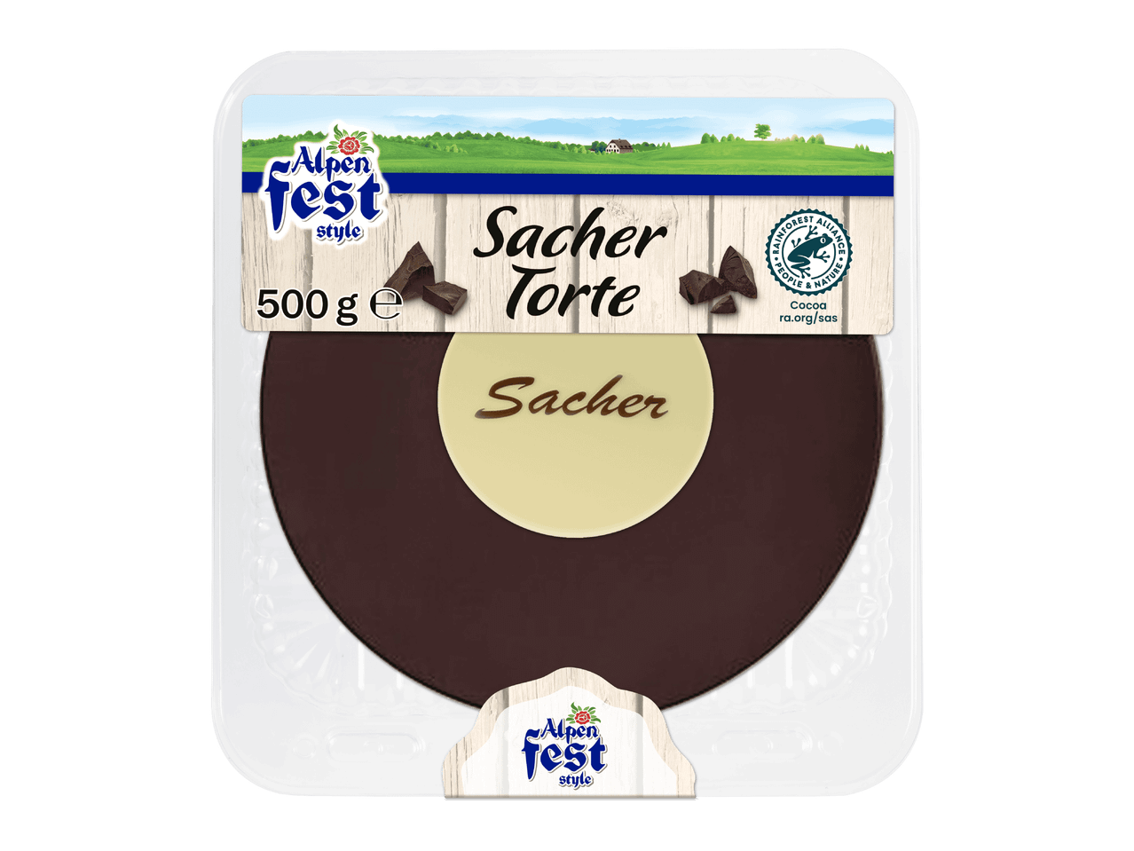 Sacher-kakku pakkauksessa, jossa on alppimaisema ja 500 g painomerkintä.