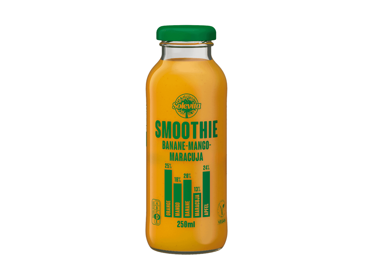 Smoothie mit Banane, Mango und Maracuja in einer Glasflasche, mit Nährwertangaben.