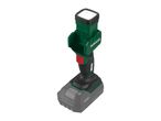 Cordless work light with a green body and a grey battery pack.