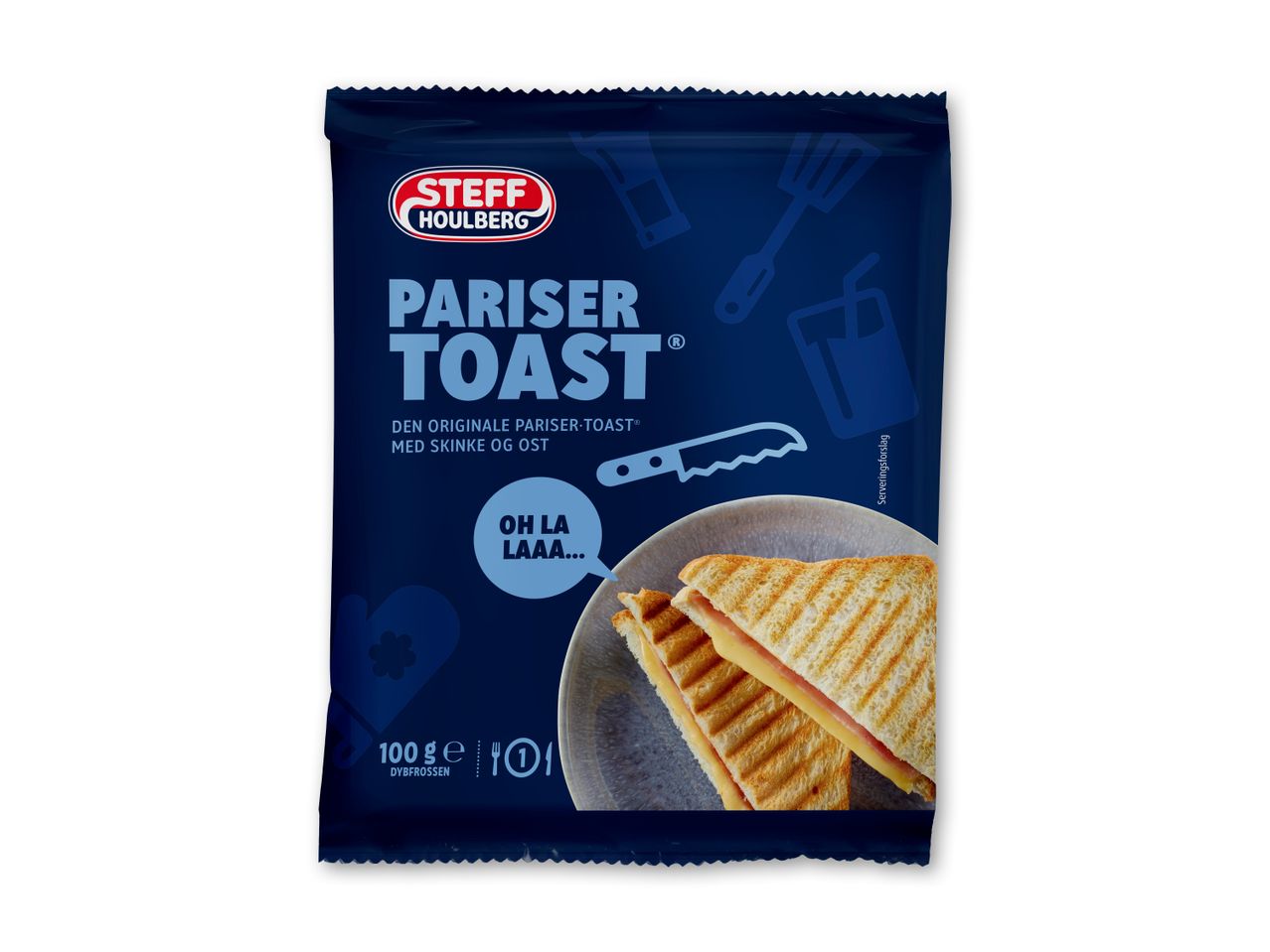 Pakke med frosne pariser toast med skinke og ost, med teksten 'OH LA LAAA...'