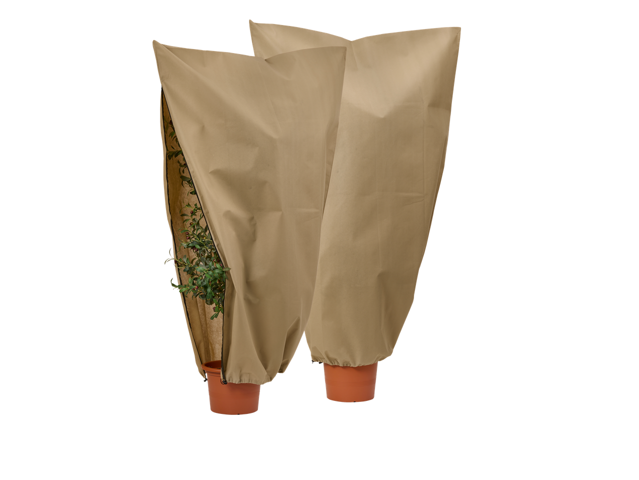 Două huse de protecție din fleece pentru plante pe ghivece