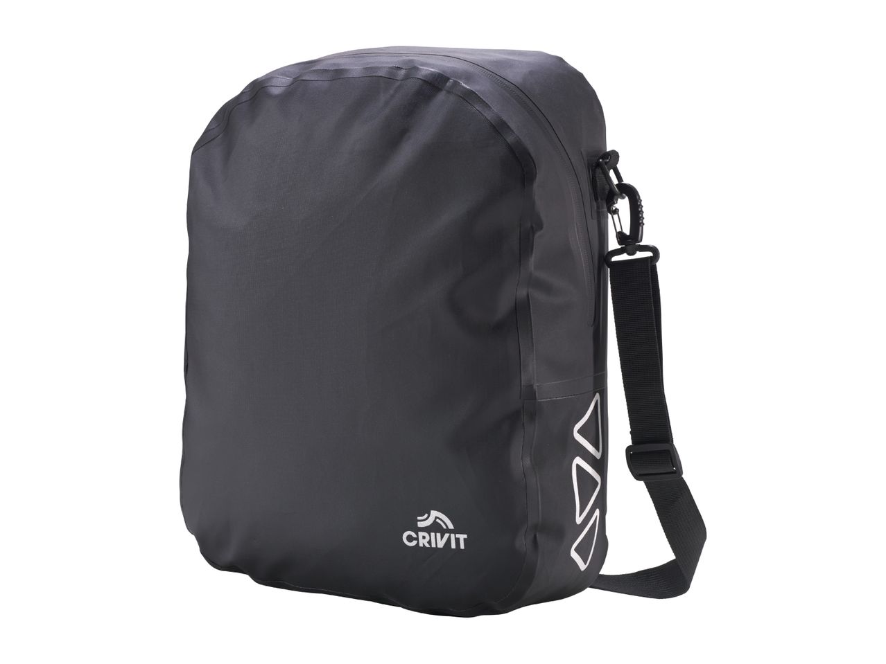 Dark grey waterproof dry bag with a shoulder strap and white triangular accents