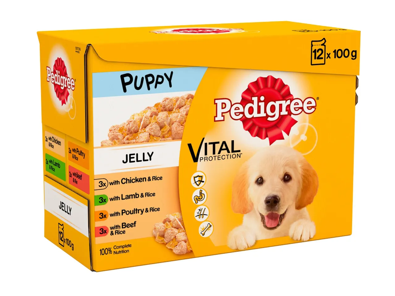 Pedigree Puppy: 12 jelly pouches with chicken, lamb, and beef.
