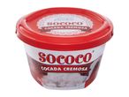 Sococo creamy coconut spread in a red plastic container.