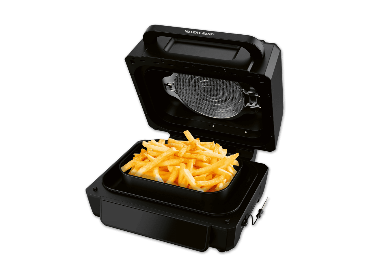 Eine SilverCrest Heißluftfritteuse mit goldgelben Pommes frites.