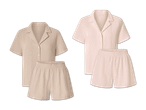 Zwei Sets aus beigefarbenen Pyjama-Oberteilen und Shorts aus Musselin