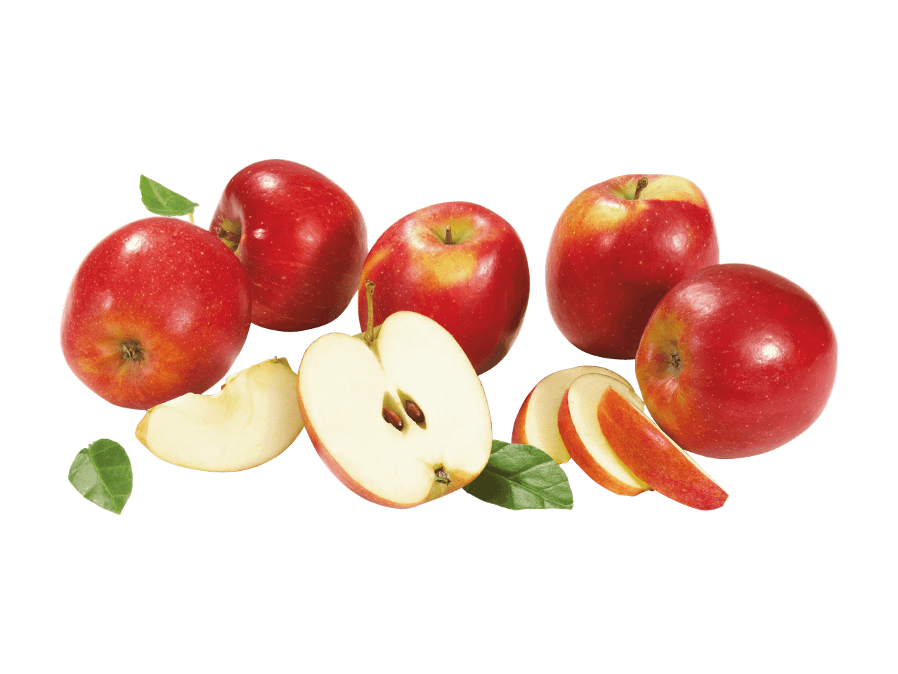 Ganze, halbierte und geschnittene rote Äpfel mit grünen Blättern auf schwarzem Hintergrund.