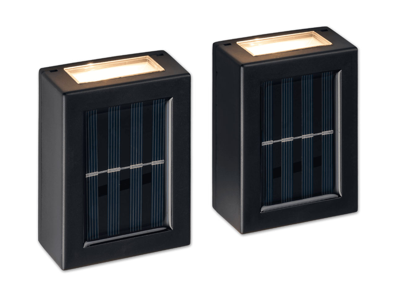 Zwei schwarze Solarleuchten mit leuchtenden LED-Streifen und Solarzellen.