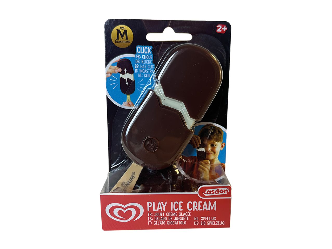 Toy ice cream bar with a chocolate coating that splits, packaged for play.