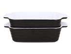 Two black and white rectangular baking dishes, stacked on top of each other.