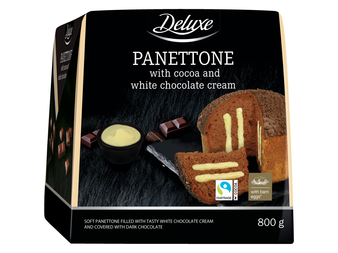 Deluxe Panettone su kakava ir baltojo šokolado kremu, padengtas juoduoju šokoladu.