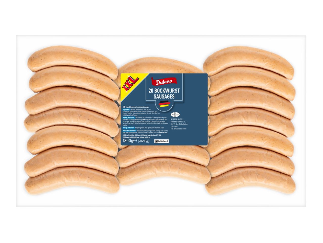 A package of 20 cooked, beechwood smoked pork sausages with cooking and storage instructions.