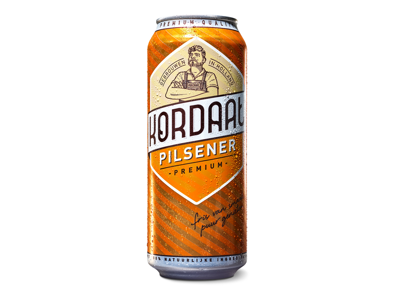 Een blikje pilsener met een mannelijk figuur en de tekst 'PREMIUM QUALITY' en '100% NATUURLIJKE INGREDIËNTEN'.