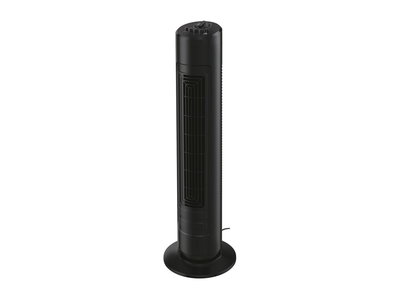 Egy fekete, karcsú toronyventilátor látható.
