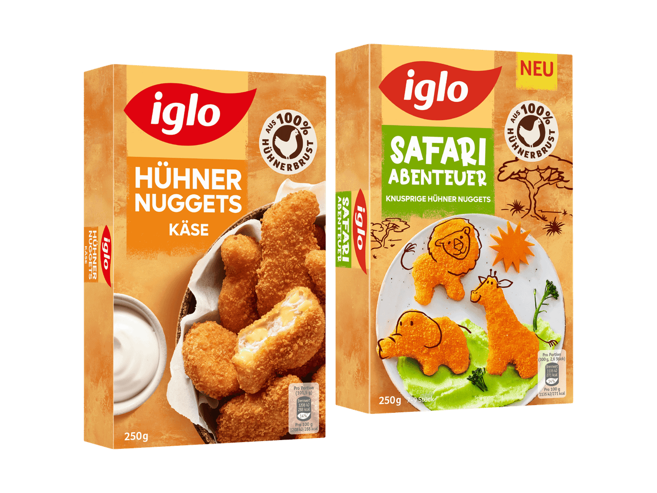 Zwei Iglo Hühnernuggets-Packungen: Käse und Safari-Abenteuer.