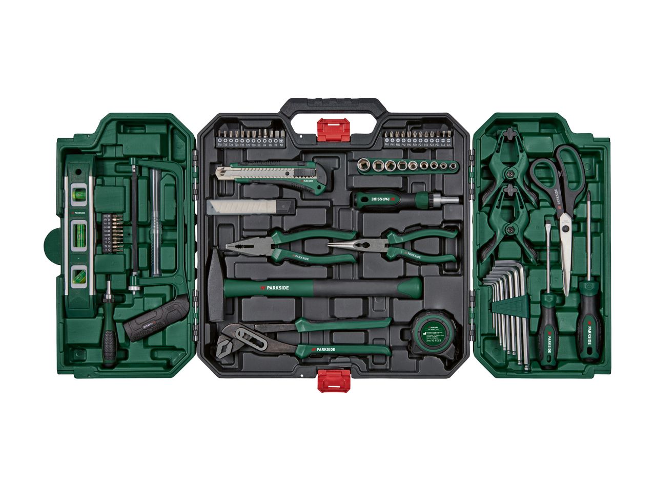 A green plastic toolbox overflowing with various hand tools and accessories.
