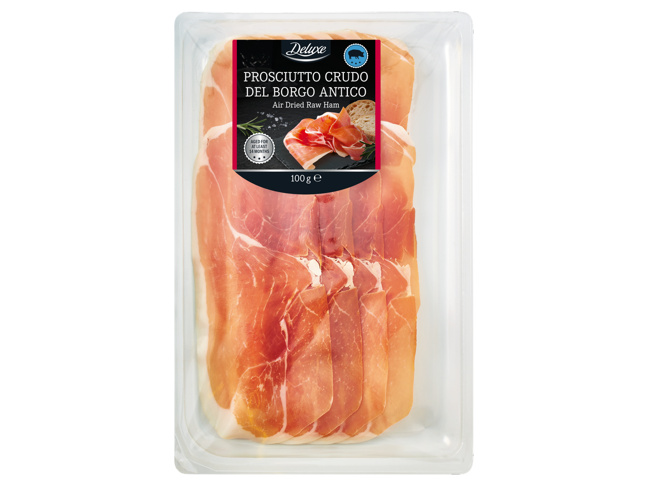 Deluxe Prosciutto Crudo Del Borgo Antico, õhkkuivatatud toorsink, laagerdunud vähemalt 14 kuud, 100g.
