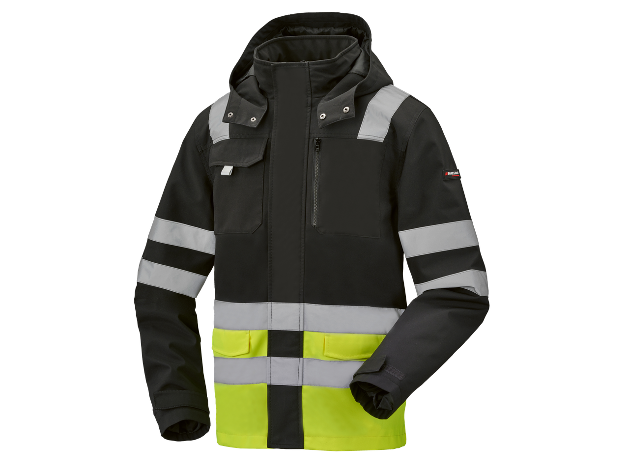PARKSIDE PERFORMANCE® Men's Soft Shell Jacket, black with reflective stripes and yellow accents.