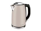 A beige electric kettle with a black handle and stainless steel accents.