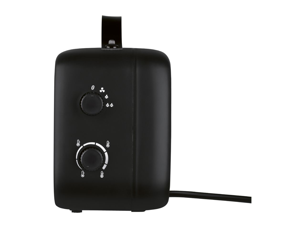 Side view of a black fan heater with control knobs