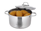 Stainless steel pot with a glass lid, containing several whole, peeled potatoes.