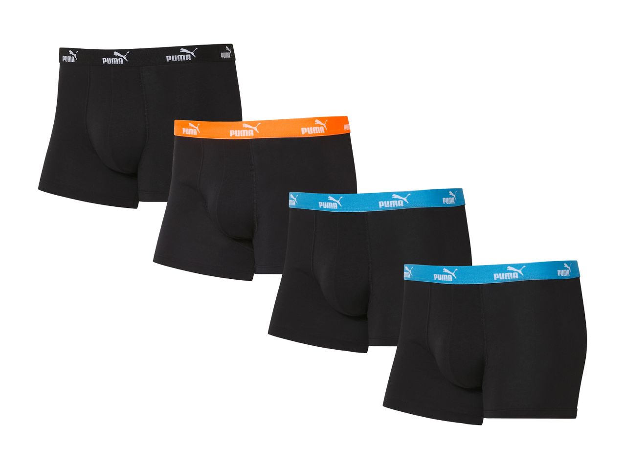 Vier schwarze Boxershorts mit farbigen Bundbändern in Schwarz, Orange und Türkis.