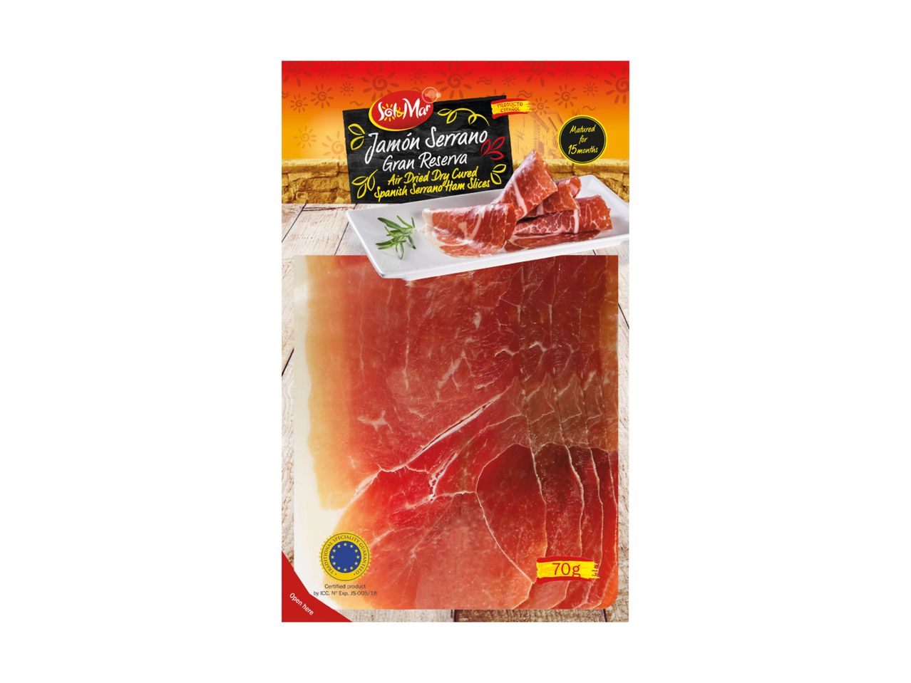 Fette di prosciutto Serrano confezionate.