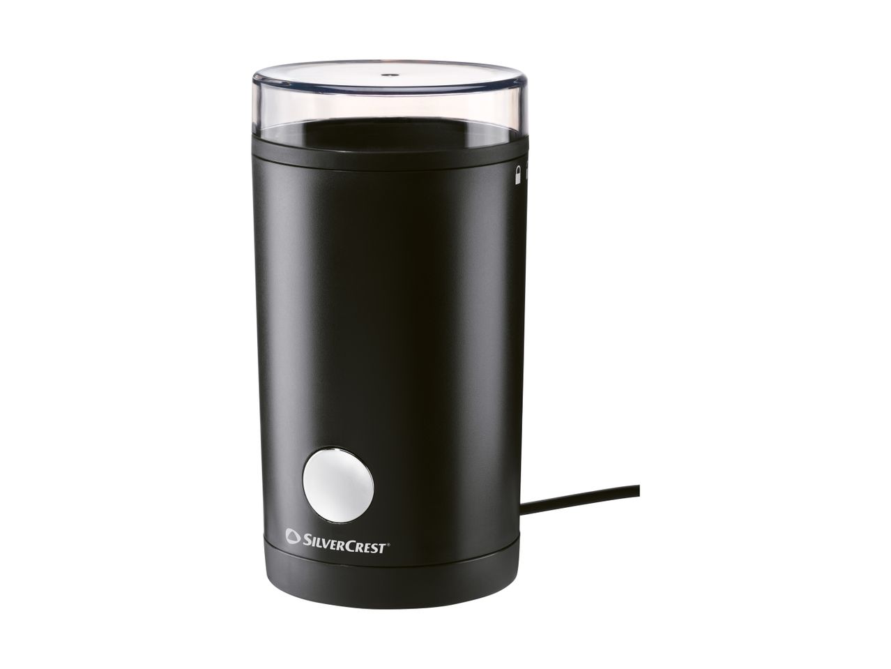 SilverCrest black electric coffee grinder with transparent lid