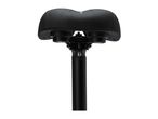 Black bicycle saddle with a wide, ergonomic design mounted on a seat post.