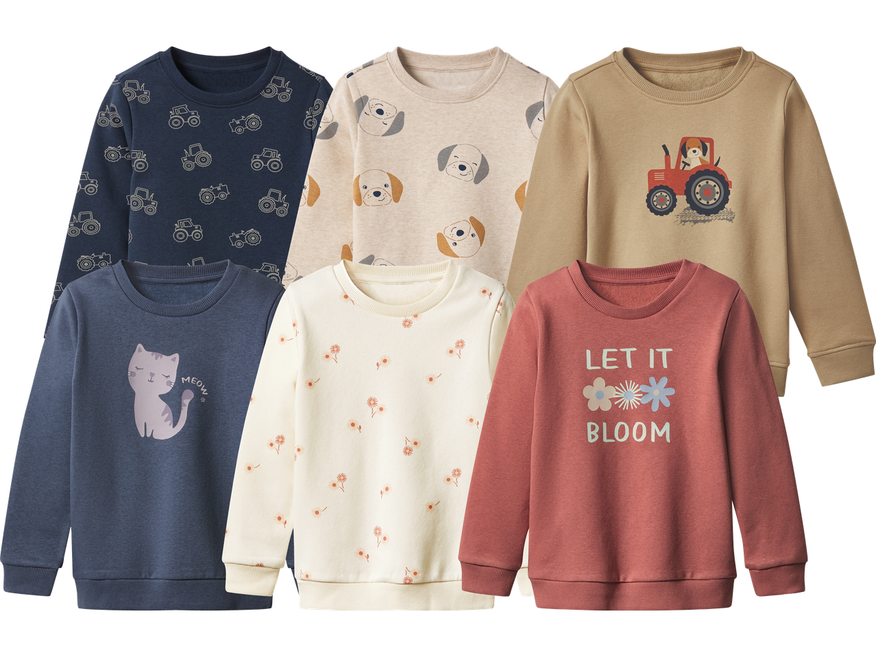 Sex barnsweatshirts med olika mönster: traktorer, hundar, katter, blommor och text.