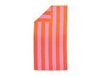 Striped beach towel in vibrant orange and pink colors, folded on a white background.