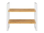 Two-tier bamboo and white metal shelf, ideal for kitchen or bathroom storage.