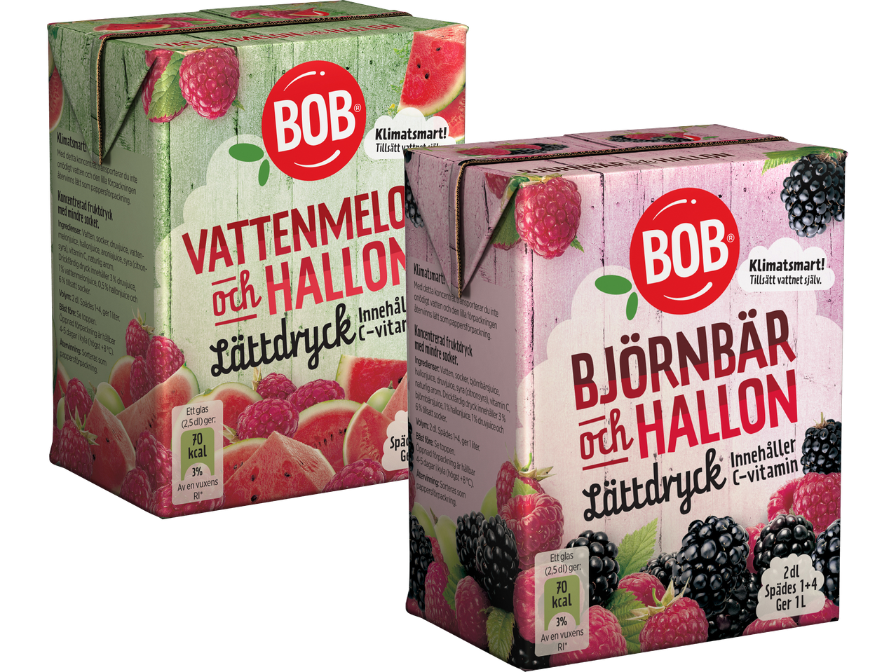 Två BOB lättdrycker, vattenmelon & hallon och björnbär & hallon, klimatsmarta förpackningar.