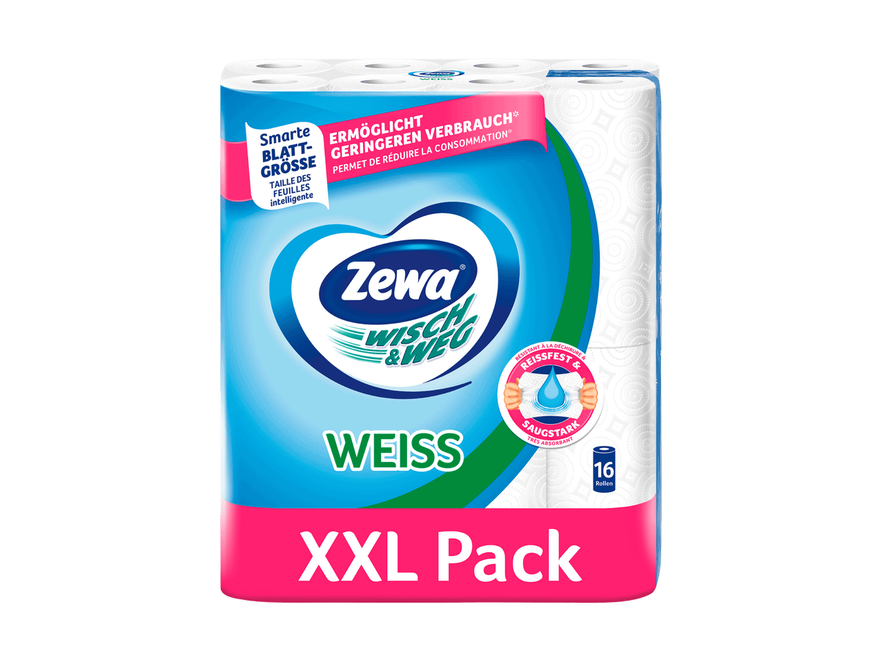 Packung mit 16 Rollen weißem, reißfestem und saugstarkem Küchenpapier, XXL-Format.
