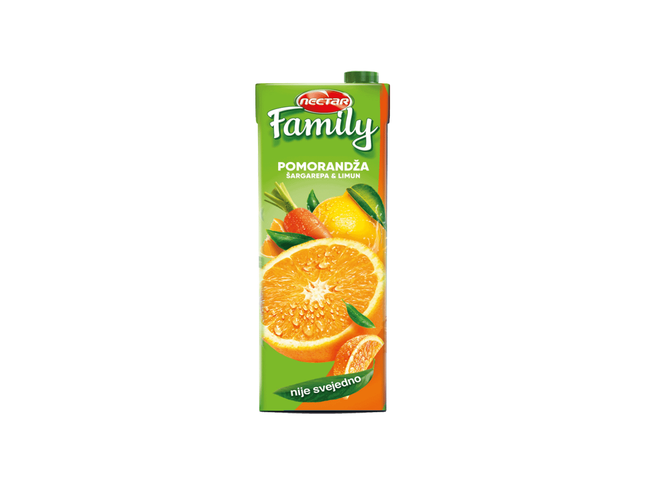 Sok od pomorandže, šargarepe i limuna u zelenoj tetrapak ambalaži.