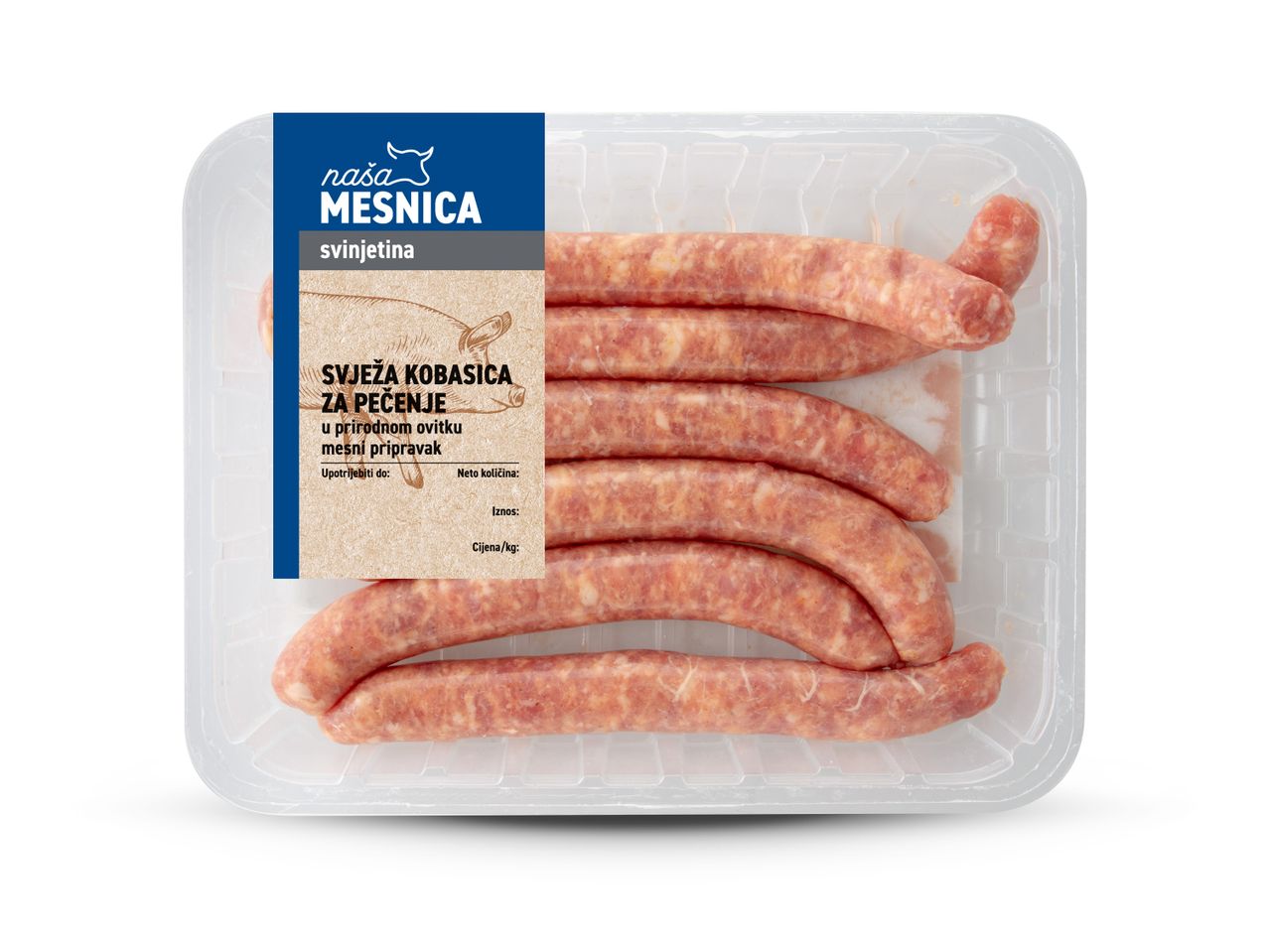 Pakiranje svježih svinjskih kobasica za pečenje s etiketom 