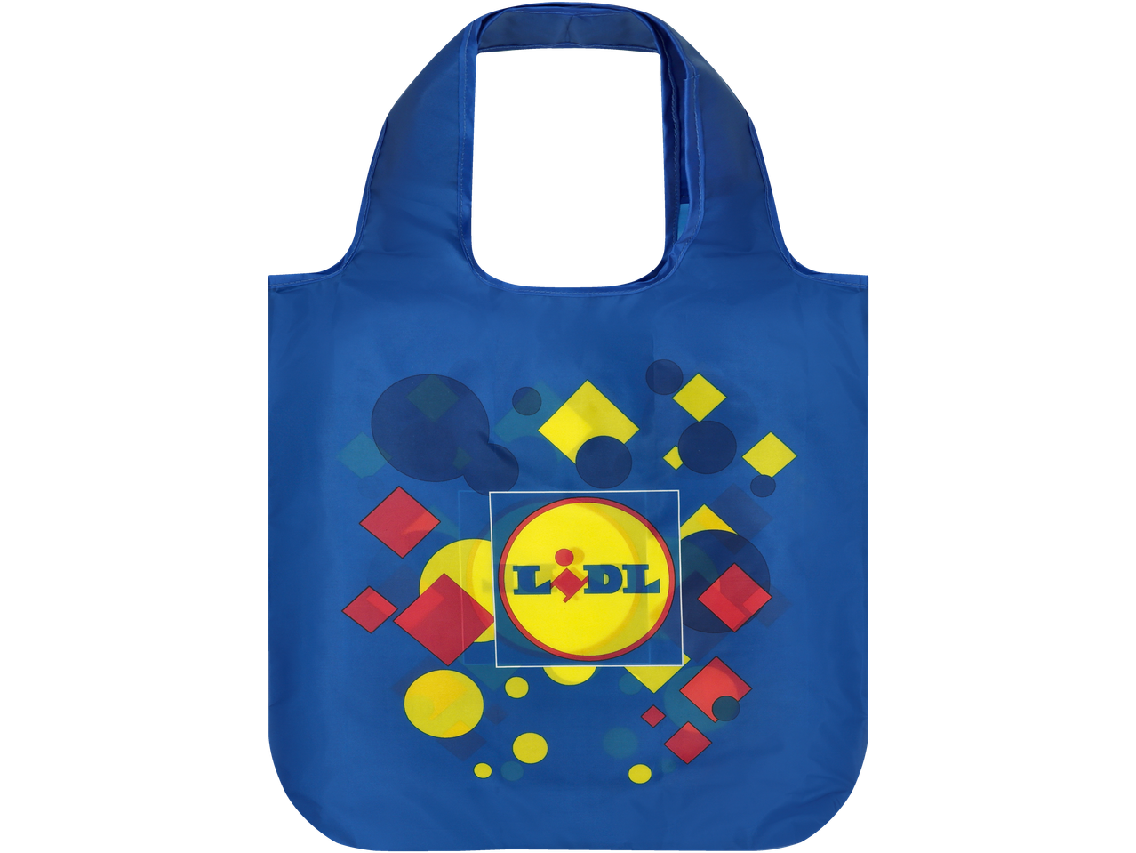 Blauwe LIDL boodschappentas met kleurrijke geometrische patronen en het LIDL logo.