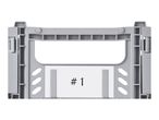 A grey plastic storage crate with the number 1 on a white label.