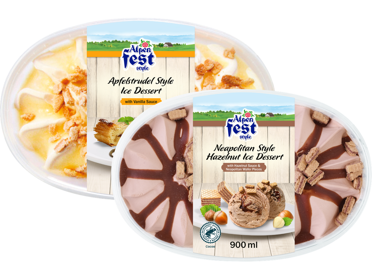 Två Alpen Fest-glassdesserter: Apfelstrudel och Neapolitan Hazelnut.