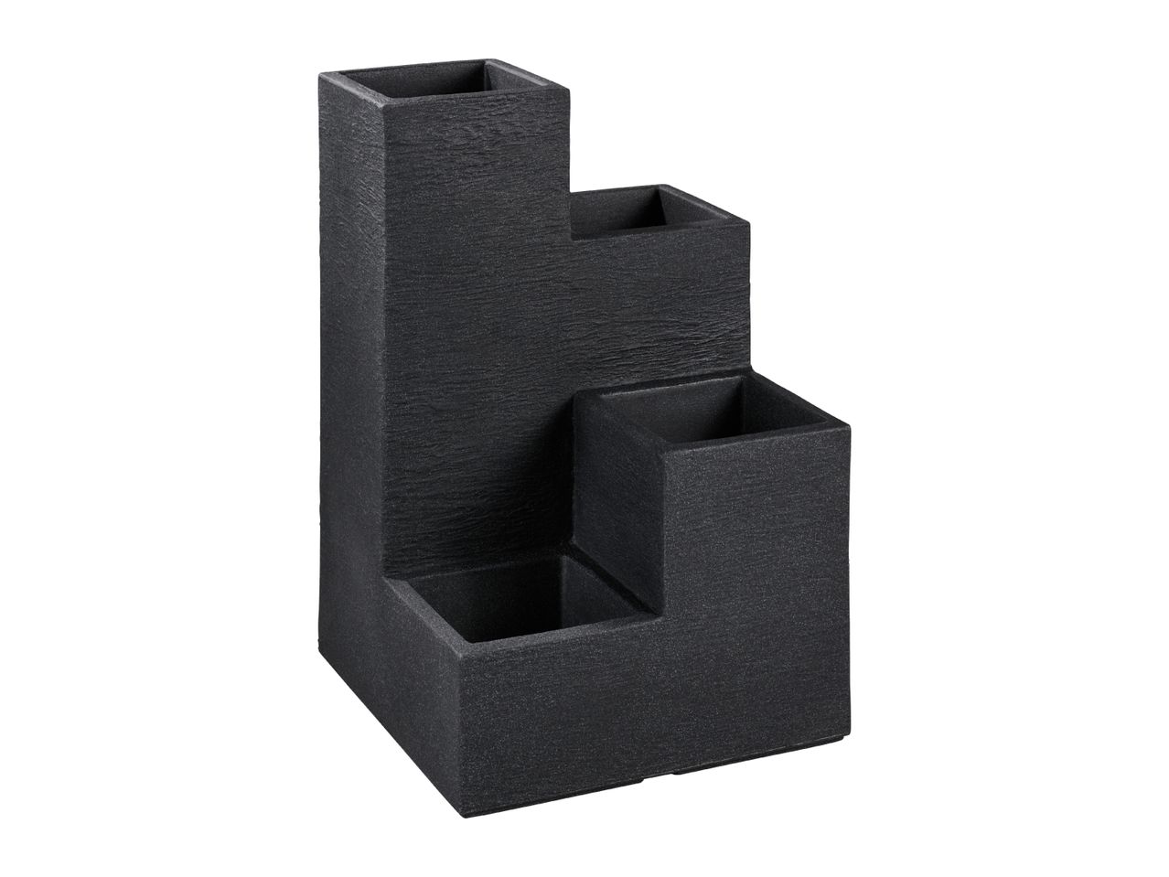 Black stepped desk organizer with three square compartments, textured finish.