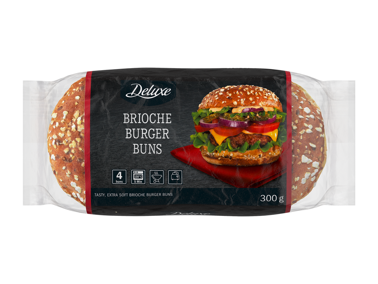 Briossisämpylät, 4 kpl, 300 g, valmistusohjeet ja hampurilaiskuva.
