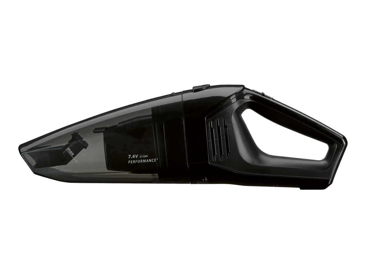 Black handheld vacuum cleaner with a transparent dustbin showing '7.4V Li-ion PERFORMANCE+' text.