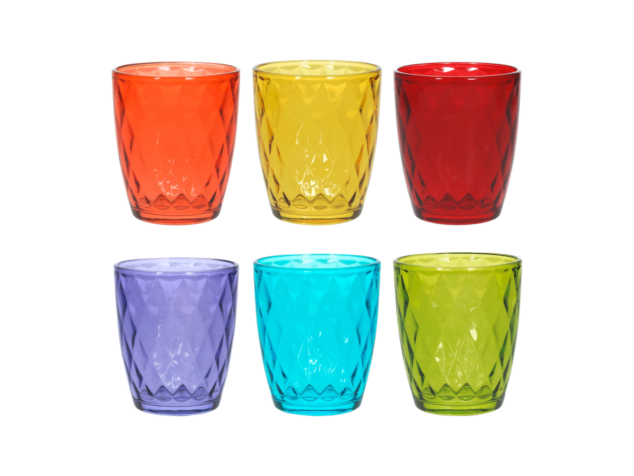 Șase pahare colorate cu model de diamant.