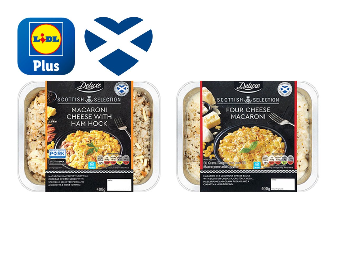 Two Aldi 'Scottish' ready meals: Macaroni Cheese and Chicken & Leek.