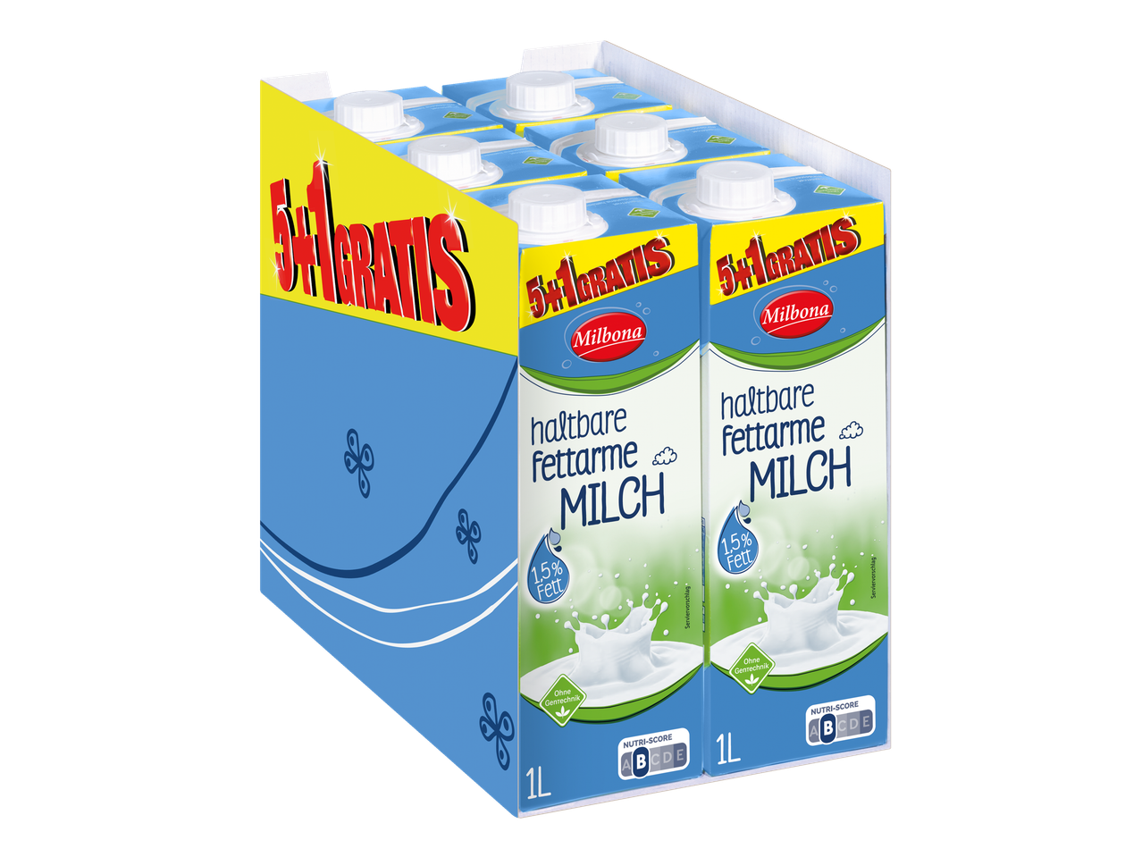 Sechserpack Milbona fettarme Milch mit 5+1 gratis Angebot.